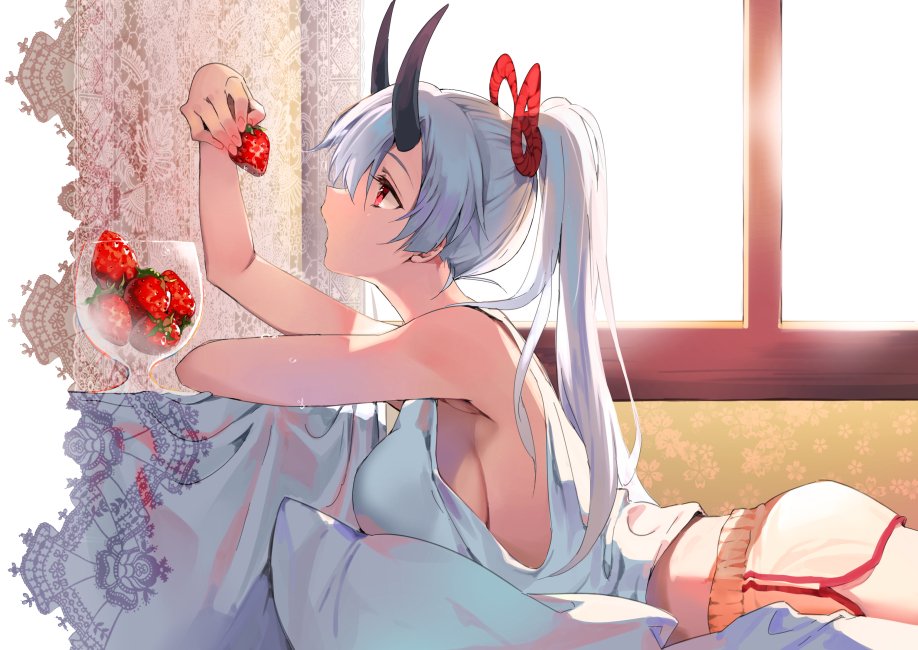 1girl breasts casual fate/grand_order fate_(series) food fruit glass hair_ribbon horns ice_(ice_aptx) lace_trim large_breasts long_hair lying on_stomach open_mouth pillow ponytail profile red_eyes ribbon shorts sideboob solo strawberry sunlight tomoe_gozen_(fate/grand_order) white_hair window