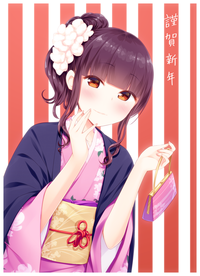 1girl bag bangs blunt_bangs blush commentary_request eyebrows_visible_through_hair floral_print flower hair_flower hair_ornament hand_on_own_face handbag hands_up haori holding holding_bag japanese_clothes kimono kyoukaisenjou_no_horizon long_hair long_sleeves looking_at_viewer obi parted_lips pink_kimono ponytail print_kimono purapa red_eyes sash sidelocks solo striped striped_background tamura_yukari translated upper_body vertical-striped_background vertical_stripes white_flower wide_sleeves