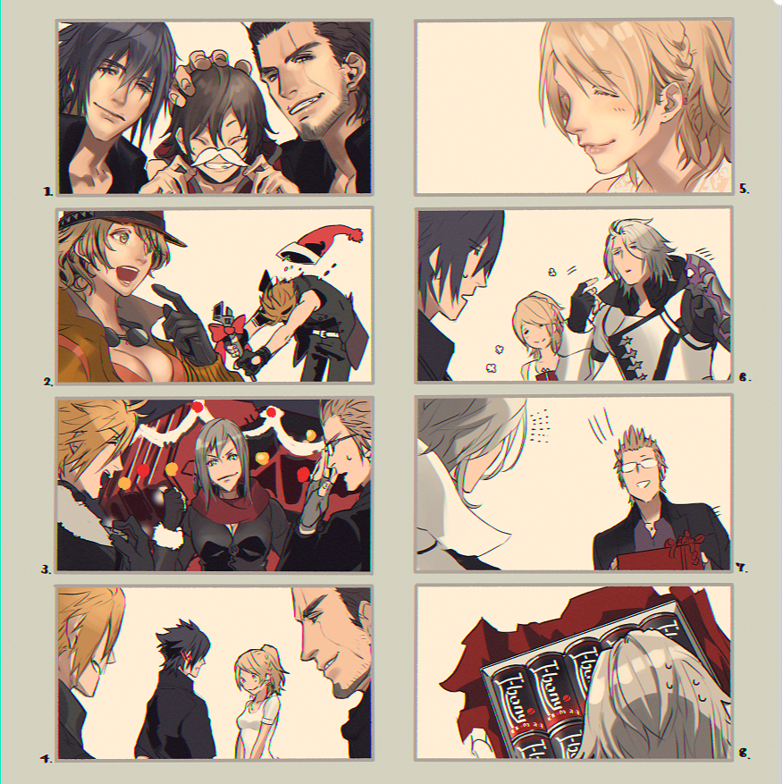 candy candy_cane christmas cidney_aurum coffee fake_facial_hair fake_mustache final_fantasy final_fantasy_xv food gift gladiolus_amicitia hat hetero ignis_scientia iris_amicitia lunafreya_nox_fleuret mad369 noctis_lucis_caelum prompto_argentum ravus_nox_fleuret ribbon santa_hat wrench