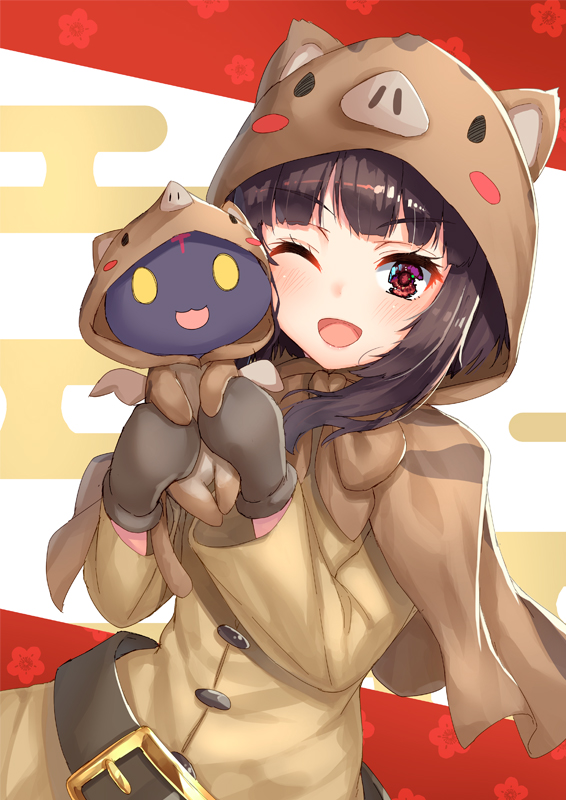 1girl ;d animal_hood bangs belt belt_buckle blush blush_stickers brown_hair brown_robe buckle buttons cape carrying chomusuke egasumi eyebrows_visible_through_hair floral_background head_tilt hood hooded_cape kono_subarashii_sekai_ni_shukufuku_wo! long_sleeves megumin mittens one_eye_closed open_mouth pensuke pig red_eyes robe smile v-shaped_eyebrows