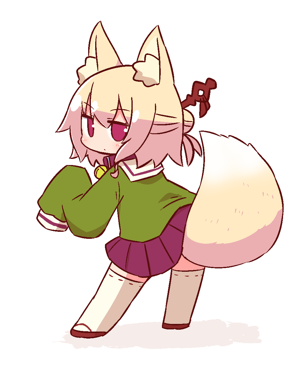 1girl animal_ears bangs bell bell_collar blonde_hair blush brown_collar brown_footwear closed_mouth collar eyebrows_visible_through_hair fox_ears fox_girl fox_tail full_body green_shirt hair_between_eyes hair_bun hair_ornament highres jingle_bell kemomimi-chan_(naga_u) long_sleeves looking_at_viewer looking_back naga_u original pleated_skirt purple_skirt red_eyes ribbon-trimmed_legwear ribbon_trim sailor_collar shadow shirt sidelocks skirt sleeves_past_fingers sleeves_past_wrists solo standing tail tail_raised thigh-highs white_background white_legwear white_sailor_collar