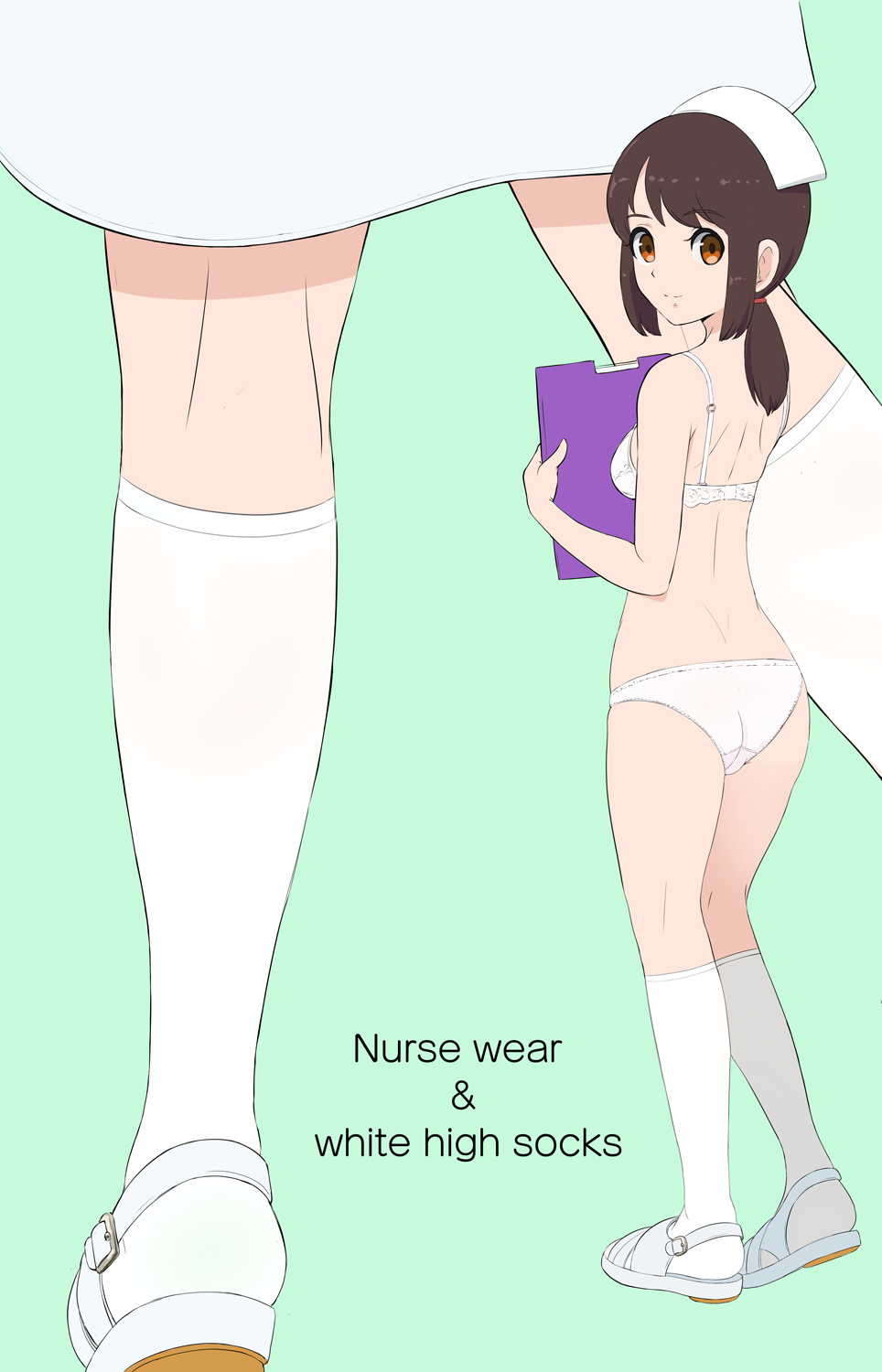 1girl ass bangs bra breasts brown_eyes brown_hair clipboard closed_mouth dress english_text eyebrows_visible_through_hair green_background hat highres holding kneehighs long_hair looking_at_viewer looking_to_the_side makoto_daikichi multiple_views nurse nurse_cap original panties sandals simple_background small_breasts smile standing underwear underwear_only white_bra white_dress white_footwear white_hat white_panties