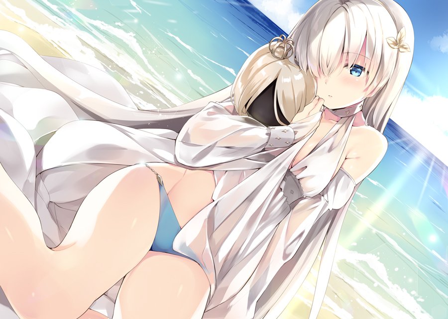 1girl anastasia_(fate/grand_order) bangs bare_shoulders beach blue_bikini_bottom blush breasts collarbone crown doll fate/grand_order fate_(series) hair_ornament hair_over_one_eye hairband hips holding holding_doll leaf_hair_ornament long_hair looking_at_viewer mini_crown natsume_eri navel ocean robe silver_hair sitting solo sunlight thighs very_long_hair