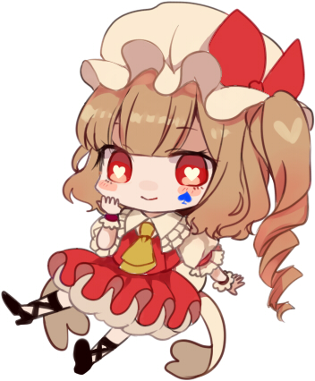 1girl ascot bangs black_footwear blonde_hair blush_stickers bow chibi cross-laced_footwear daimaou_ruaeru eyebrows_visible_through_hair flandre_scarlet frilled_shirt_collar frills full_body hand_up hat hat_bow heart heart-shaped_pupils high_heels long_hair looking_at_viewer lowres mob_cap one_side_up petticoat puffy_short_sleeves puffy_sleeves red_bow red_eyes red_skirt red_vest shirt short_sleeves simple_background skirt smile solo spade_(shape) symbol-shaped_pupils touhou vest white_background white_hat white_shirt wrist_cuffs yellow_neckwear