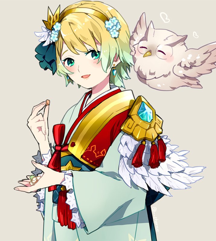 1girl bird blonde_hair blue_eyes blue_hair earrings feather_trim feh_(fire_emblem_heroes) fire_emblem fire_emblem_heroes fjorm_(fire_emblem_heroes) flower gradient_hair grey_background guttary hair_flower hair_ornament japanese_clothes jewelry kimono long_sleeves multicolored_hair nintendo obi owl parted_lips sash short_hair simple_background upper_body wide_sleeves