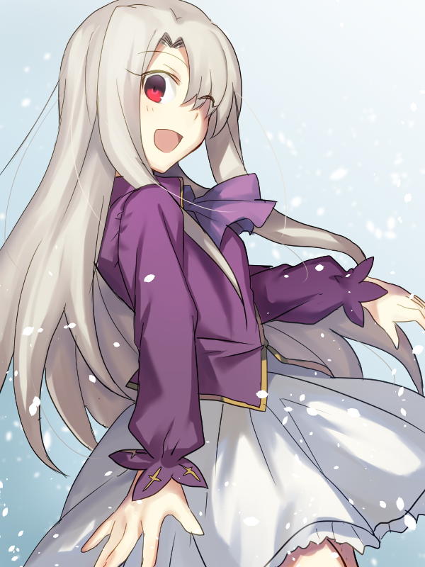 1girl :d ascot eyebrows_visible_through_hair fate/stay_night fate_(series) floating_hair frilled_skirt frills gradient gradient_background hair_over_one_eye illyasviel_von_einzbern long_hair long_sleeves looking_at_viewer miniskirt nikame open_mouth purple_neckwear purple_shirt red_eyes shirt silver_hair skirt smile solo very_long_hair white_skirt