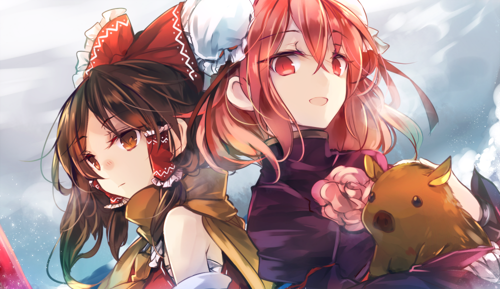 2girls adapted_costume animal ascot bangs bare_shoulders boar bow brown_eyes brown_hair brown_scarf bun_cover commentary_request detached_sleeves double_bun dress dutch_angle eyebrows_visible_through_hair flower frilled_bow frills hair_between_eyes hair_bow hair_tubes hakurei_reimu holding holding_animal ibaraki_kasen juliet_sleeves kutsuki_kai long_hair long_sleeves looking_at_viewer multiple_girls open_mouth pink_flower pink_hair pink_rose puffy_sleeves red_bow red_dress red_eyes rose sarashi scarf short_hair sidelocks smile touhou upper_body yellow_neckwear