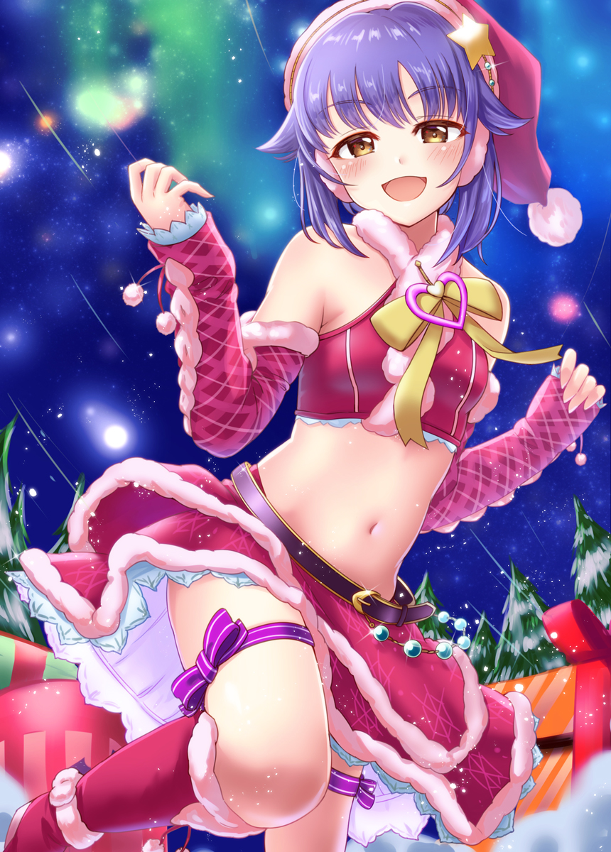 1girl :d bangs bare_shoulders belt blurry blush boots box breasts brown_eyes chiyosuke_(nosuke21) christmas crop_top depth_of_field detached_sleeves earmuffs eyebrows_visible_through_hair fur_trim gift gift_box hands_up hat highres idolmaster idolmaster_cinderella_girls knee_boots koshimizu_sachiko leg_up long_sleeves midriff miniskirt navel night night_sky open_mouth outdoors purple_hair purple_ribbon red_footwear red_hat red_skirt ribbon santa_costume santa_hat short_hair sidelocks skirt sky sleeves_past_wrists small_breasts smile solo star_(sky) starry_sky stomach thigh_ribbon tree