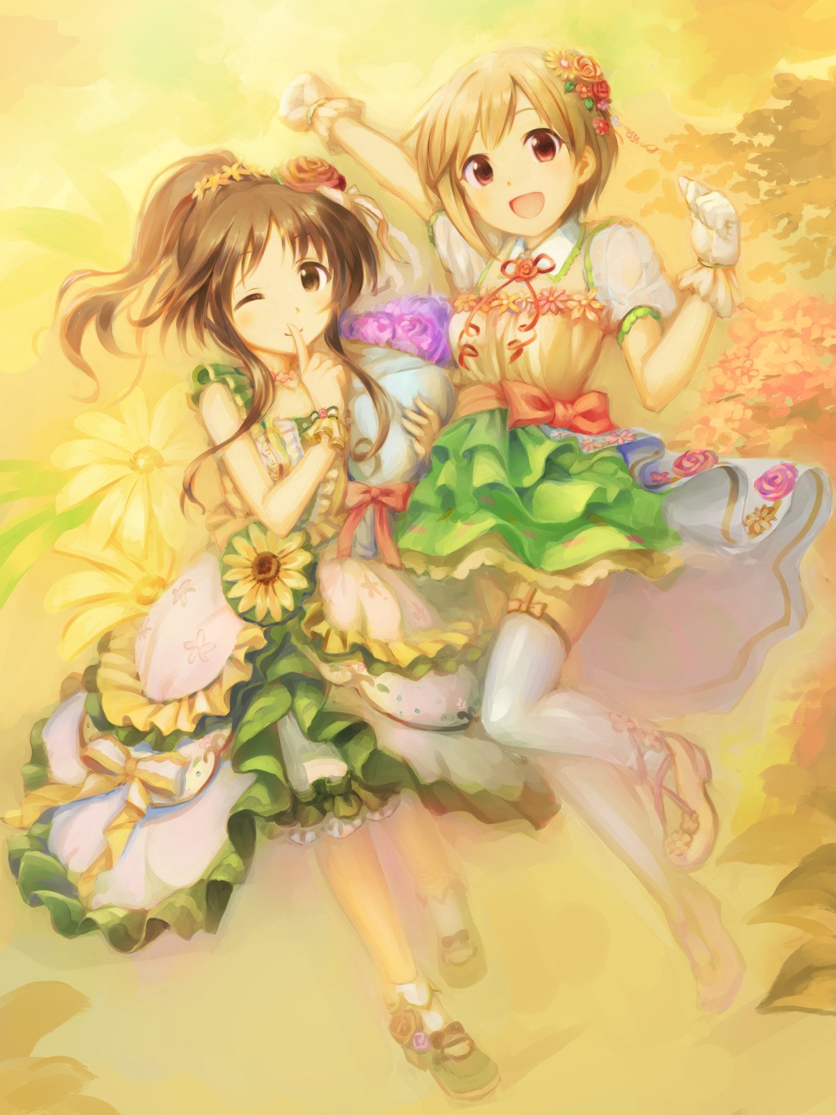 2girls :d aiba_yumi arm_up blonde_hair blush bouquet bow brown_eyes brown_hair choker commentary_request dress finger_to_mouth floral_print flower flower_ornament frilled_dress frills full_body garter_straps gloves hair_flower hair_ornament highres holding holding_bouquet idolmaster idolmaster_cinderella_girls idolmaster_cinderella_girls_starlight_stage long_hair looking_at_viewer mary_janes multiple_girls neck_ribbon one_eye_closed open_mouth ponytail puffy_short_sleeves puffy_sleeves ribbon shoes short_hair short_sleeves shushing smile socks takamori_aiko takoyaki_(roast) thigh-highs wrist_cuffs