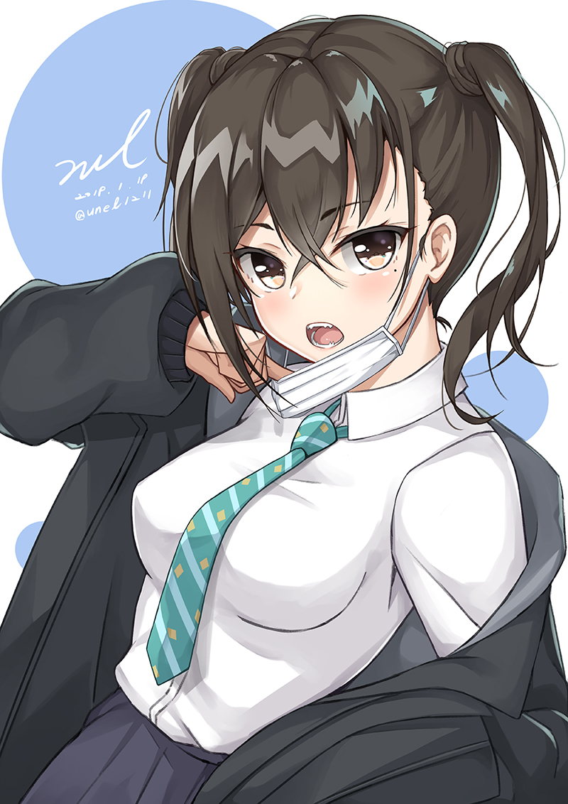 1girl :o aqua_neckwear bangs black_jacket black_skirt blush breasts brown_eyes brown_hair collared_shirt dated eyebrows_visible_through_hair hair_between_eyes hand_up idolmaster idolmaster_cinderella_girls jacket long_hair long_sleeves looking_at_viewer mask_pull medium_breasts mole mole_under_eye necktie off_shoulder open_clothes open_jacket open_mouth sharp_teeth shirt shirt_tucked_in sidelocks signature skirt sleeves_past_wrists solo striped striped_neckwear sunazuka_akira surgical_mask teeth twintails twitter_username unel upper_body white_shirt