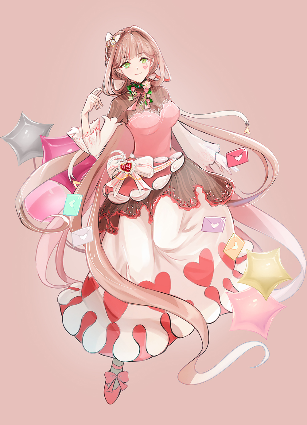 1girl balloon bow breasts brown_hair cleavage dress envelope food_fantasy food_themed_clothes full_body green_hair hair_bow hand_up heart highres long_hair looking_at_viewer medium_breasts pink_background pink_dress pink_footwear scabin simple_background smile solo standing tiramisu_(food_fantasy) very_long_hair white_bow