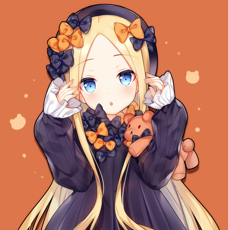 1girl :o abigail_williams_(fate/grand_order) arms_up bangs black_bow black_dress black_hat blonde_hair blue_eyes blush bow bug butterfly dress eyebrows_visible_through_hair fate/grand_order fate_(series) fingernails forehead hair_bow hat head_tilt insect long_hair long_sleeves looking_at_viewer orange_background orange_bow parted_bangs parted_lips polka_dot polka_dot_bow sleeves_past_wrists solo stuffed_animal stuffed_toy teddy_bear tengxiang_lingnai upper_body very_long_hair