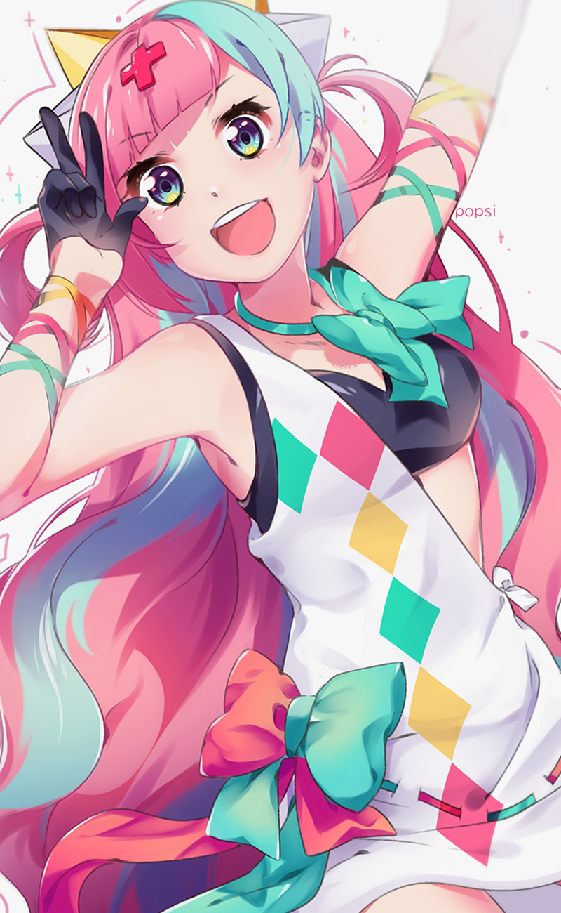 1girl :d aqua_hair arm_up artist_name bangs black_gloves blue_eyes blunt_bangs bow bowtie breasts eyebrows_visible_through_hair gloves green_bow green_neckwear hair_ornament highres long_hair looking_at_viewer medium_breasts multicolored_bow multicolored_hair open_mouth pink_hair pinky_pop_hepburn pinky_pop_hepburn_official popsi red_bow smile solo two-tone_hair v very_long_hair virtual_youtuber x_hair_ornament