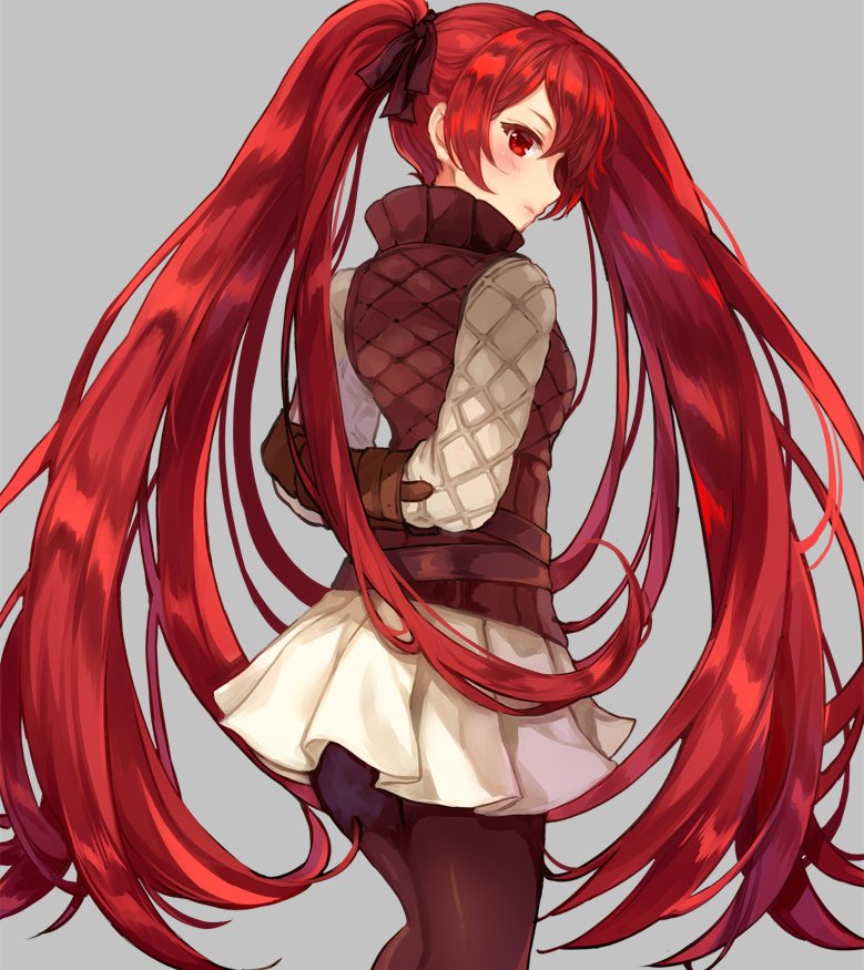 1girl arms_behind_back black_legwear black_ribbon blush crossed_arms fire_emblem fire_emblem_if gloves hair_ribbon jurge long_hair looking_at_viewer looking_back luna_(fire_emblem_if) nintendo pantyhose portrait red_eyes redhead ribbon skirt solo tsurime twintails very_long_hair