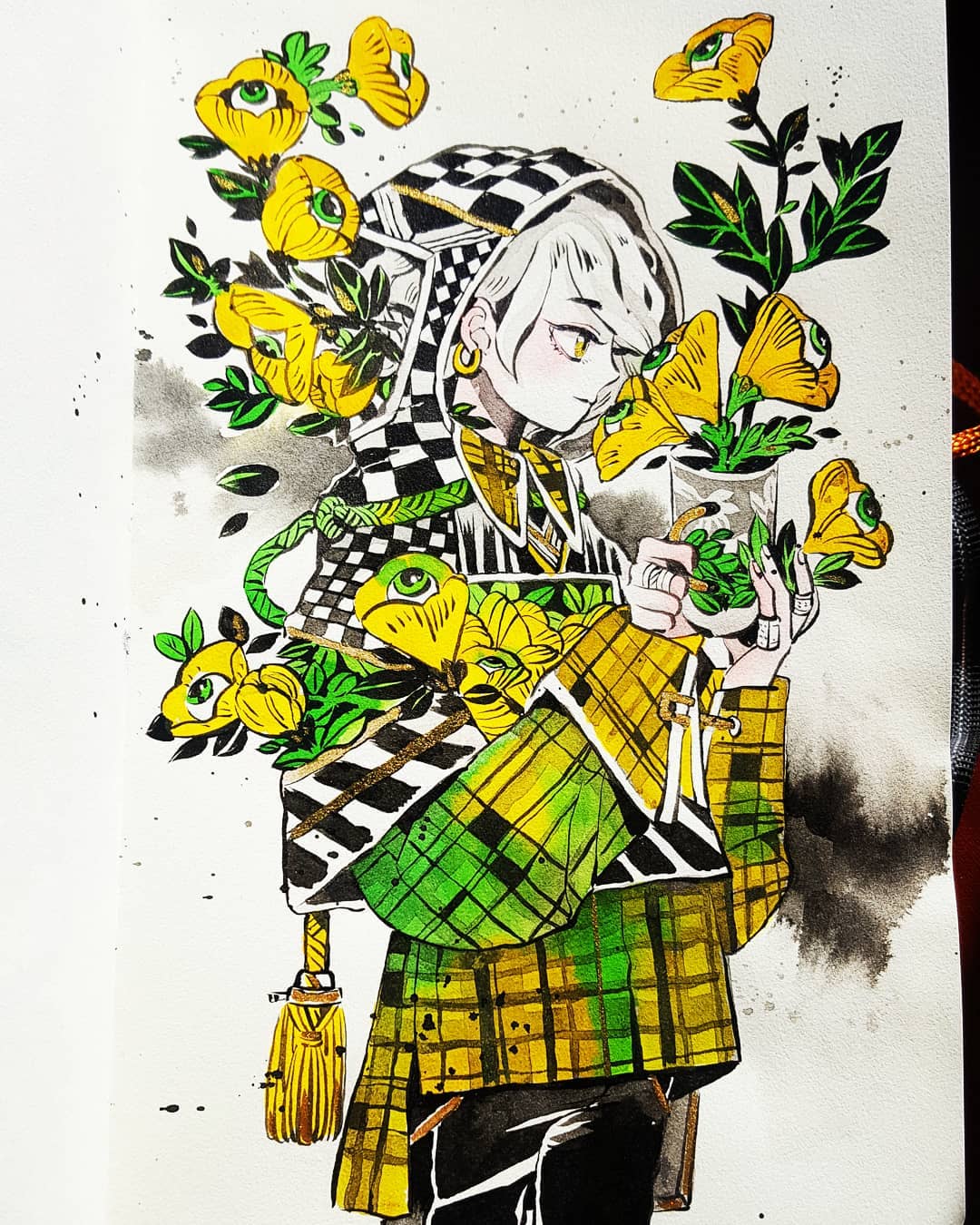 1girl bandaid bandaid_on_finger cowboy_shot cup earrings eyebrows_visible_through_hair flower from_side green_eyes highres hood hood_up hoop_earrings jewelry leaf maruti_bitamin mug original plaid plant profile smile solo traditional_media watercolor_(medium) white_hair yellow_eyes yellow_flower