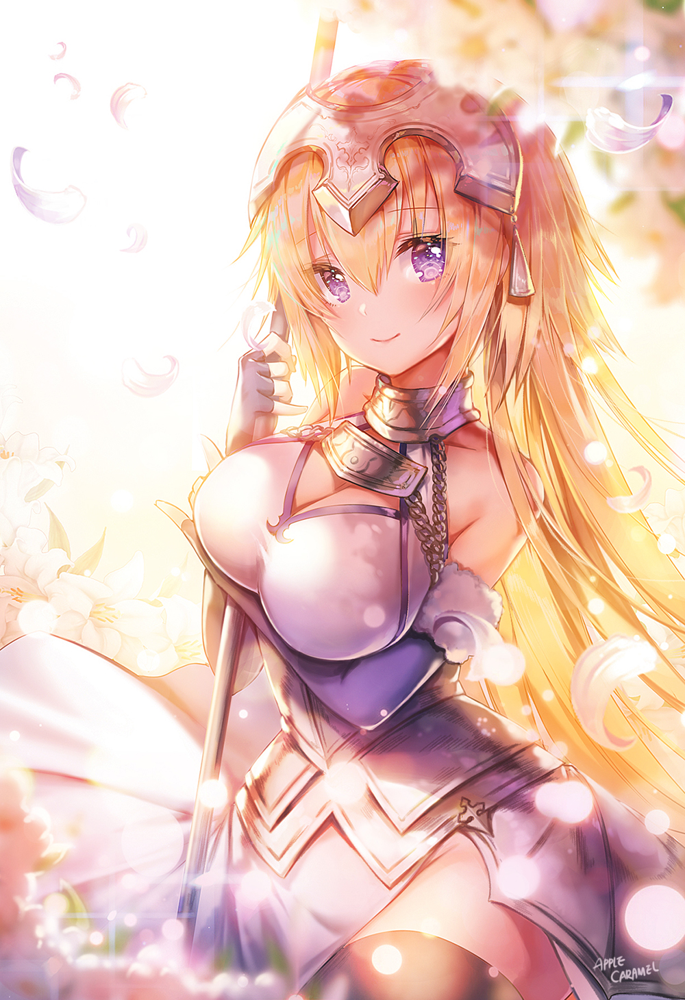 1girl apple_caramel armor armored_dress artist_name bangs bare_shoulders black_legwear blonde_hair blurry blush breasts cleavage closed_mouth collarbone day depth_of_field diffraction_spikes elbow_gloves eyebrows_visible_through_hair fate/grand_order fate_(series) faulds fingerless_gloves fur-trimmed_gloves fur_trim gloves groin hair_between_eyes halterneck hand_up headgear highres holding jeanne_d'arc_(fate) jeanne_d'arc_(fate)_(all) large_breasts long_hair looking_at_viewer petals polearm side_slit sidelocks smile solo sunlight taut_clothes thigh-highs very_long_hair violet_eyes weapon