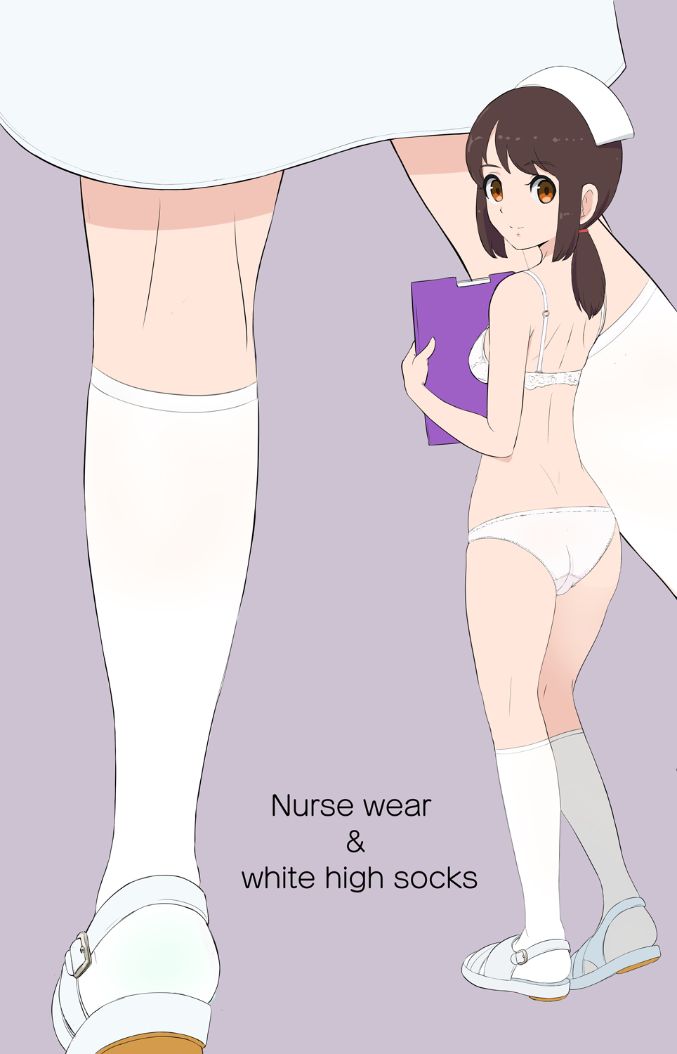 1girl ass bangs bra breasts brown_background brown_eyes brown_hair clipboard closed_mouth dress english_text eyebrows_visible_through_hair hat highres holding kneehighs long_hair looking_at_viewer looking_to_the_side makoto_daikichi multiple_views nurse nurse_cap original panties sandals simple_background small_breasts smile standing underwear underwear_only white_bra white_dress white_footwear white_hat white_panties