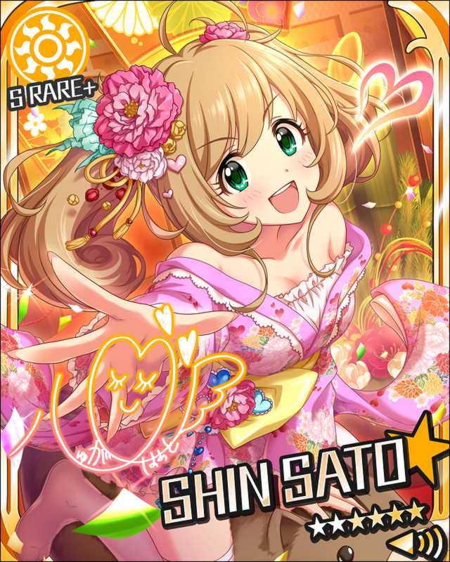 blonde_hair blush character_name green_eyes idolmaster idolmaster_cinderella_girls kimono long_hair satou_shin smile stars twintails