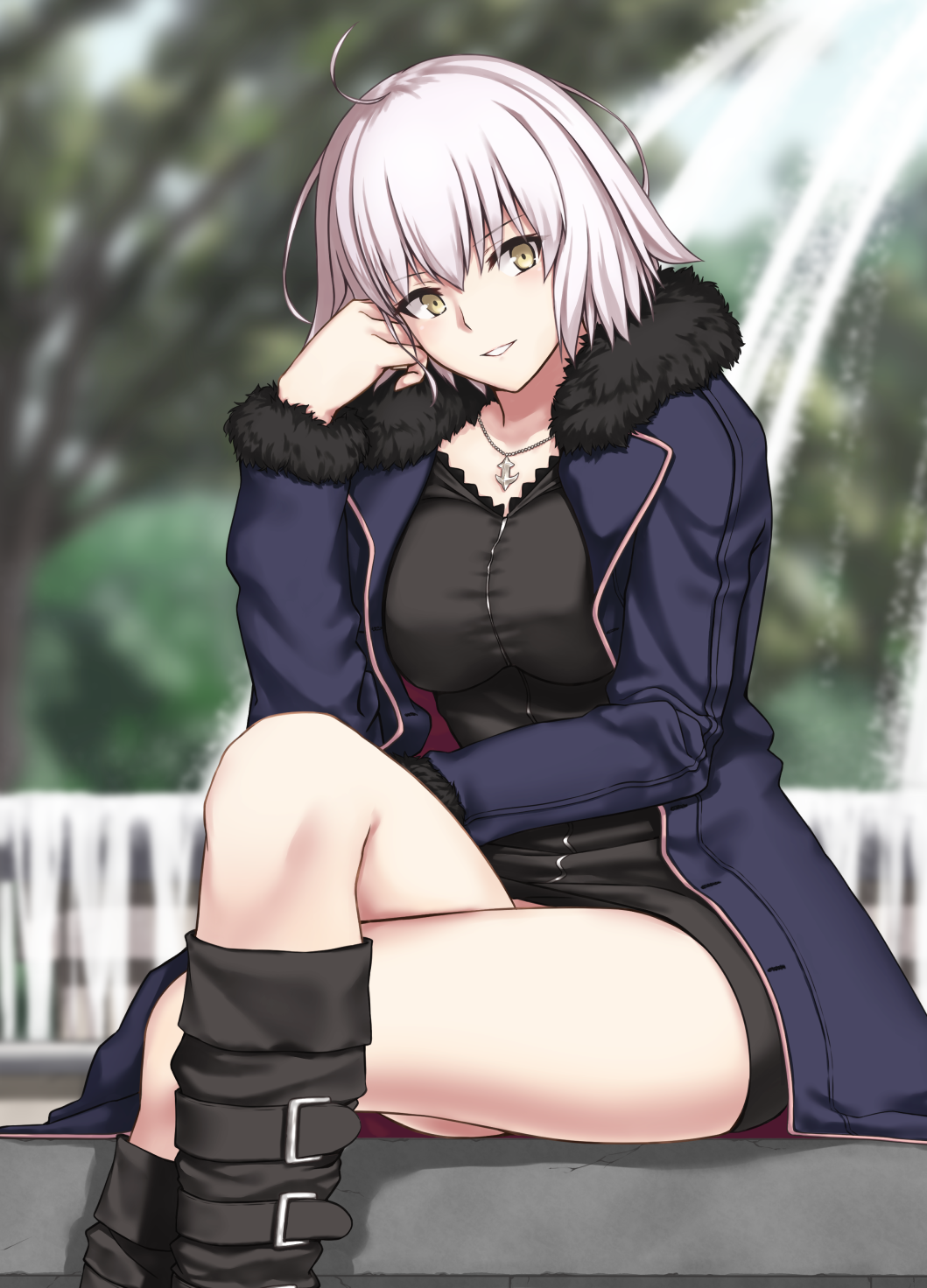 1girl ahoge bangs black_dress black_footwear blue_jacket blurry blurry_background boots breasts brown_eyes commentary_request day depth_of_field dress enchuu eyebrows_visible_through_hair fate/grand_order fate_(series) feet_out_of_frame fountain fur-trimmed_sleeves fur_trim head_tilt highres jacket jeanne_d'arc_(alter)_(fate) jeanne_d'arc_(fate)_(all) jewelry knee_boots legs_crossed long_hair long_sleeves looking_at_viewer medium_breasts necklace open_clothes open_jacket outdoors parted_lips pendant simple_background sitting smile solo thighs water