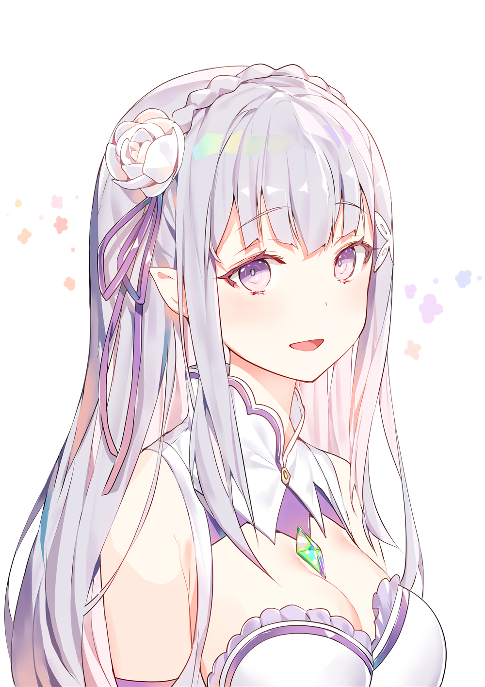 1girl :d bangs bare_shoulders blush braid breasts cleavage colored_eyelashes commentary crown_braid detached_collar elf emerald_(gemstone) emilia_(re:zero) eyebrows_visible_through_hair flower gem hair_flower hair_ornament hair_ribbon hairclip highres long_hair looking_at_viewer medium_breasts open_mouth pointy_ears purple_ribbon re:zero_kara_hajimeru_isekai_seikatsu ribbon ronopu sidelocks silver_hair simple_background smile solo straight_hair strapless symbol_commentary upper_body violet_eyes white_background white_flower