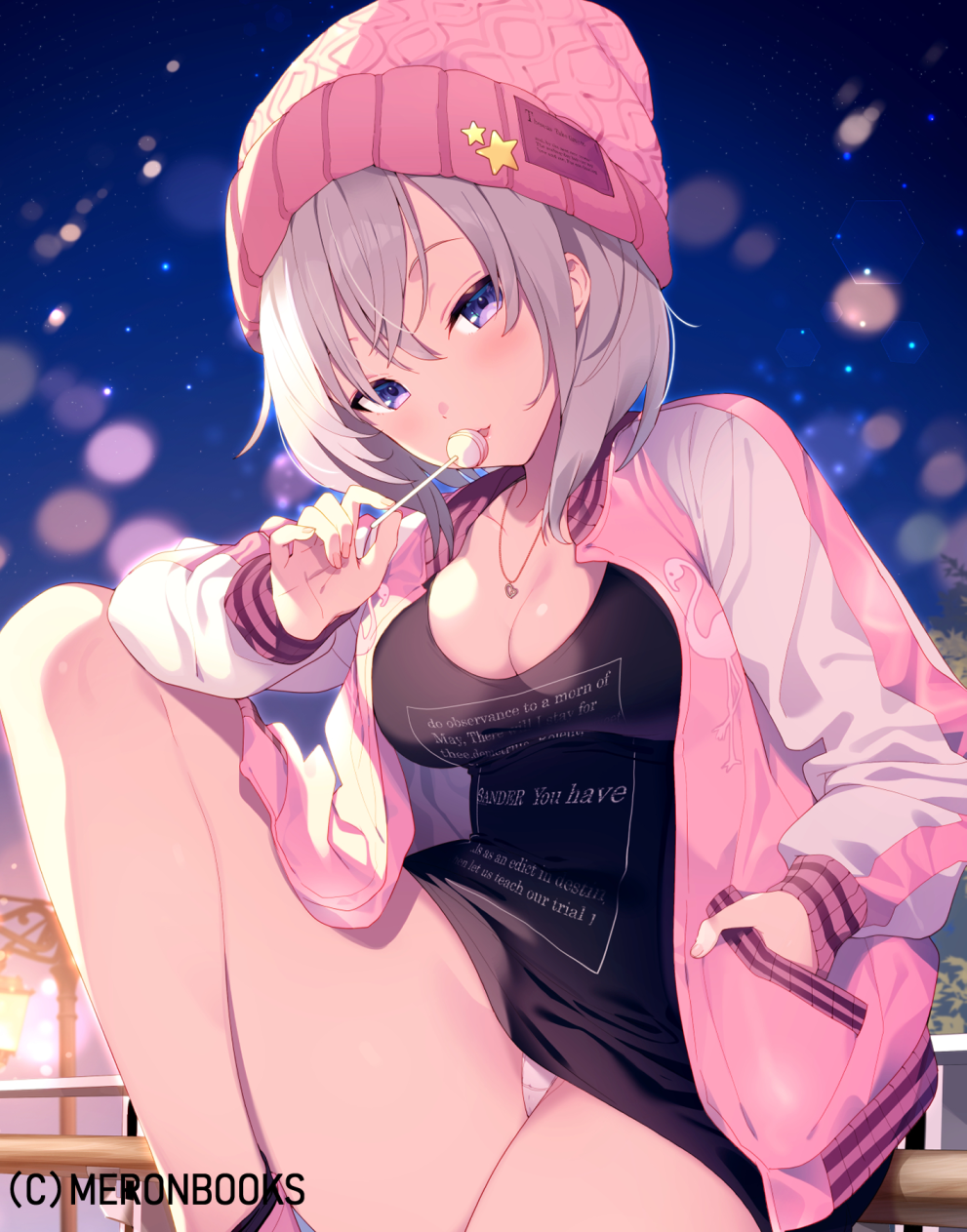 1girl bangs beanie black_dress blue_eyes blurry blurry_background blush bokeh breasts candy cleavage clothes_writing cut_(bu-kunn) depth_of_field dress food groin hand_in_pocket hat highres holding holding_food jacket jewelry knee_up lamppost large_breasts light_particles lollipop looking_at_viewer necklace night official_art open_clothes open_jacket original outdoors panties pink_hair pink_jacket short_dress short_hair sidelocks sitting smile solo star thighs tongue tongue_out underwear white_panties