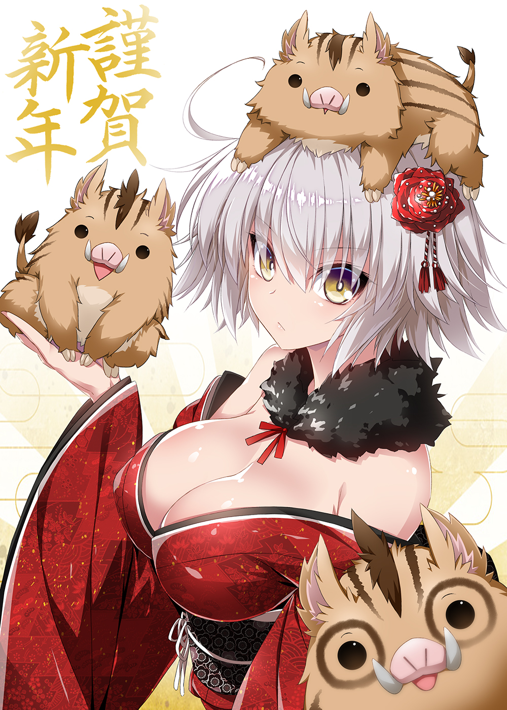 1girl :/ ahoge alternate_costume animal animal_on_head bangs bare_shoulders blush boar breasts cleavage closed_mouth detached_collar egasumi eyebrows_visible_through_hair fate/grand_order fate_(series) flower fur_collar hair_between_eyes hair_flower hair_ornament highres holding holding_animal japanese_clothes jeanne_d'arc_(alter)_(fate) jeanne_d'arc_(fate)_(all) kimono kimono_pull large_breasts looking_at_viewer multicolored multicolored_eyes obi off_shoulder on_head photobomb piglet print_kimono red_flower red_kimono sash shiny shiny_hair short_hair solo suzuri_(tennenseki) tassel upper_body v-shaped_eyebrows violet_eyes white_background yellow_eyes