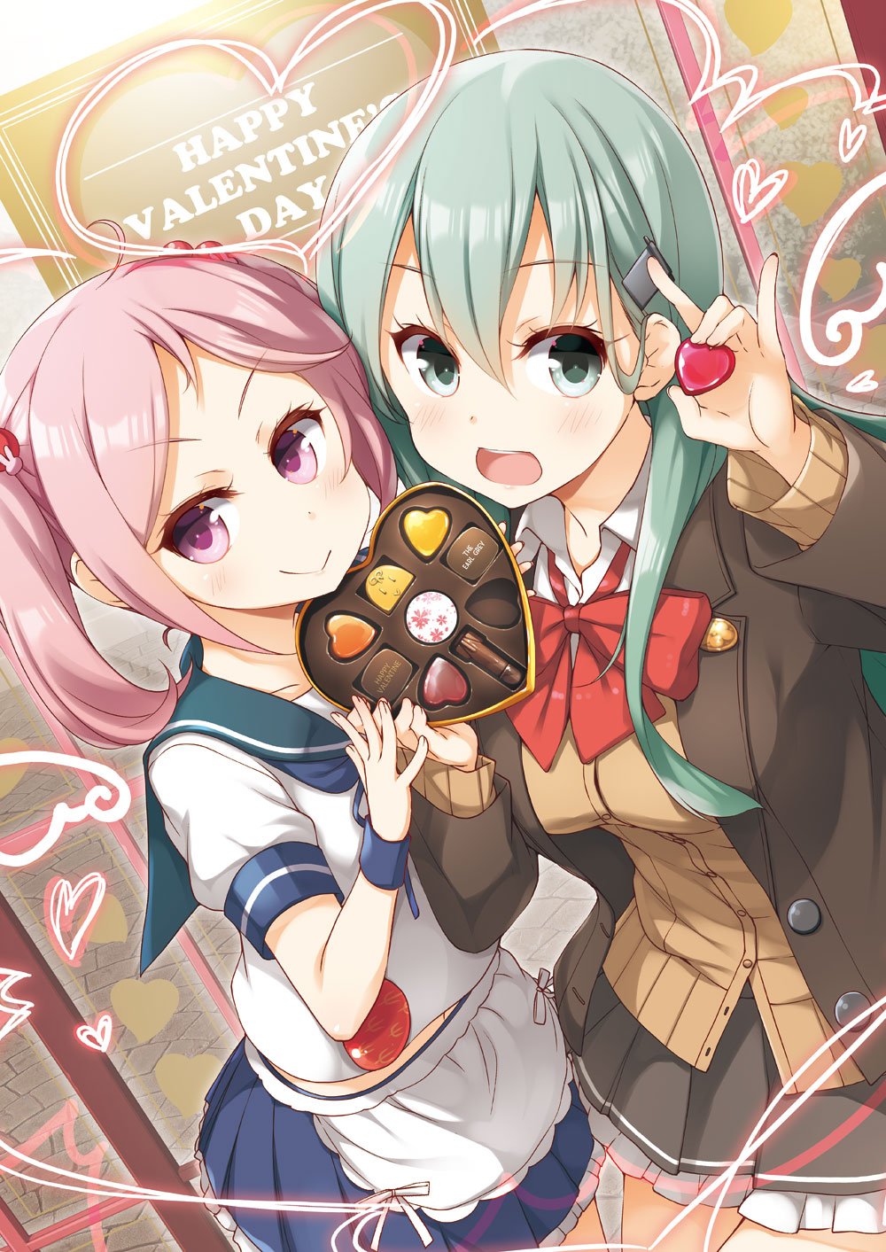 2girls :d blouse blue_sailor_collar blue_skirt box brown_jacket brown_skirt brown_sweater cardigan chocolate commentary_request green_eyes green_hair hair_between_eyes hair_bobbles hair_ornament hairclip heart heart-shaped_box highres holding jacket kantai_collection long_hair multiple_girls neck_ribbon open_mouth pink_eyes pink_hair pleated_skirt red_ribbon ribbon sailor_collar sazanami_(kantai_collection) school_uniform serafuku short_hair short_sleeves skirt smile suzuya_(kantai_collection) sweater twintails white_blouse yume_no_owari