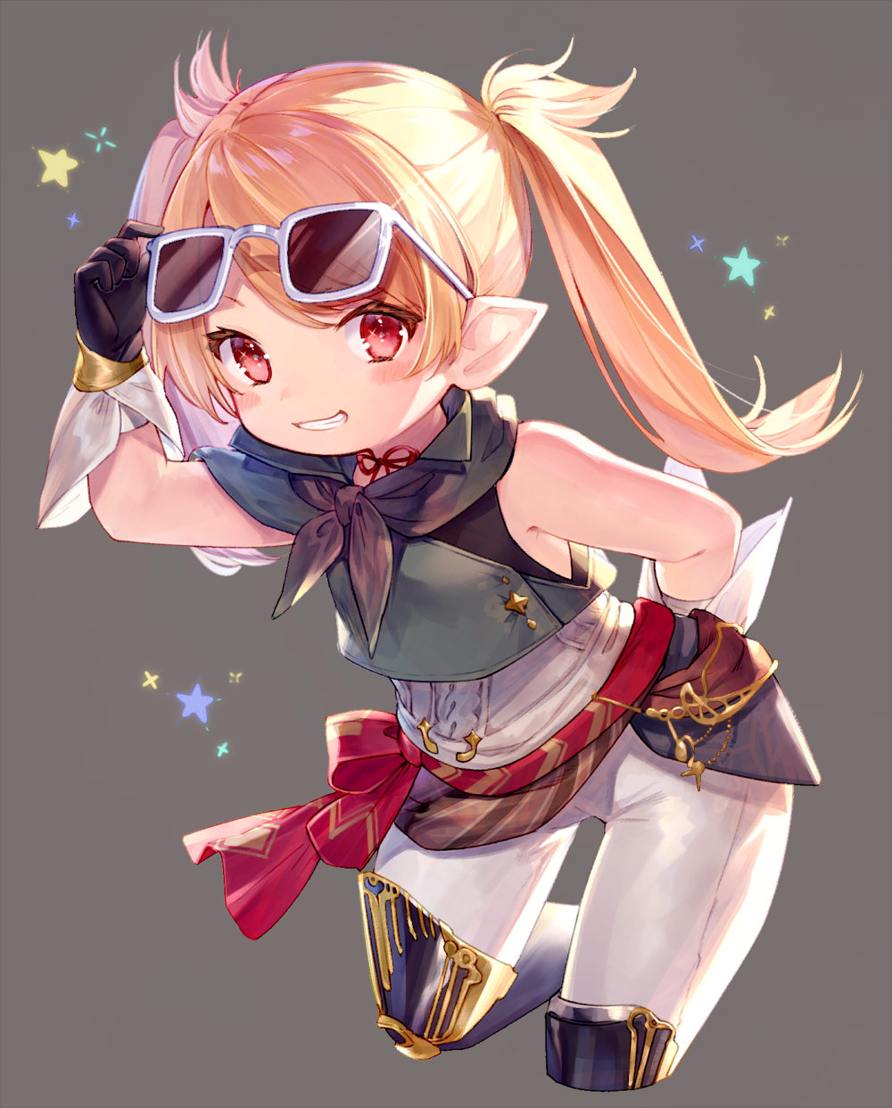1girl arm_up bare_shoulders black_gloves blonde_hair blush brown-tinted_eyewear brown_neckwear commentary_request cropped_legs eyewear_lift final_fantasy final_fantasy_xiv gloves green_jacket grey-framed_eyewear grey_background grin hand_on_eyewear highres jacket lalafell leaning_forward lifted_by_self long_hair looking_at_viewer pants pointy_ears red_eyes sleeveless_jacket smile solo star sunglasses twintails white_pants yuya_(night_lily)