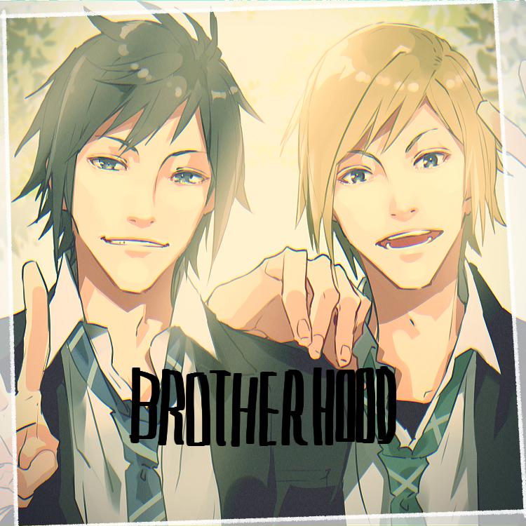 2boys black_hair blonde_hair final_fantasy final_fantasy_xv hand_on_shoulder mad369 male_focus multiple_boys necktie noctis_lucis_caelum photo_(object) prompto_argentum school_uniform teenage v younger