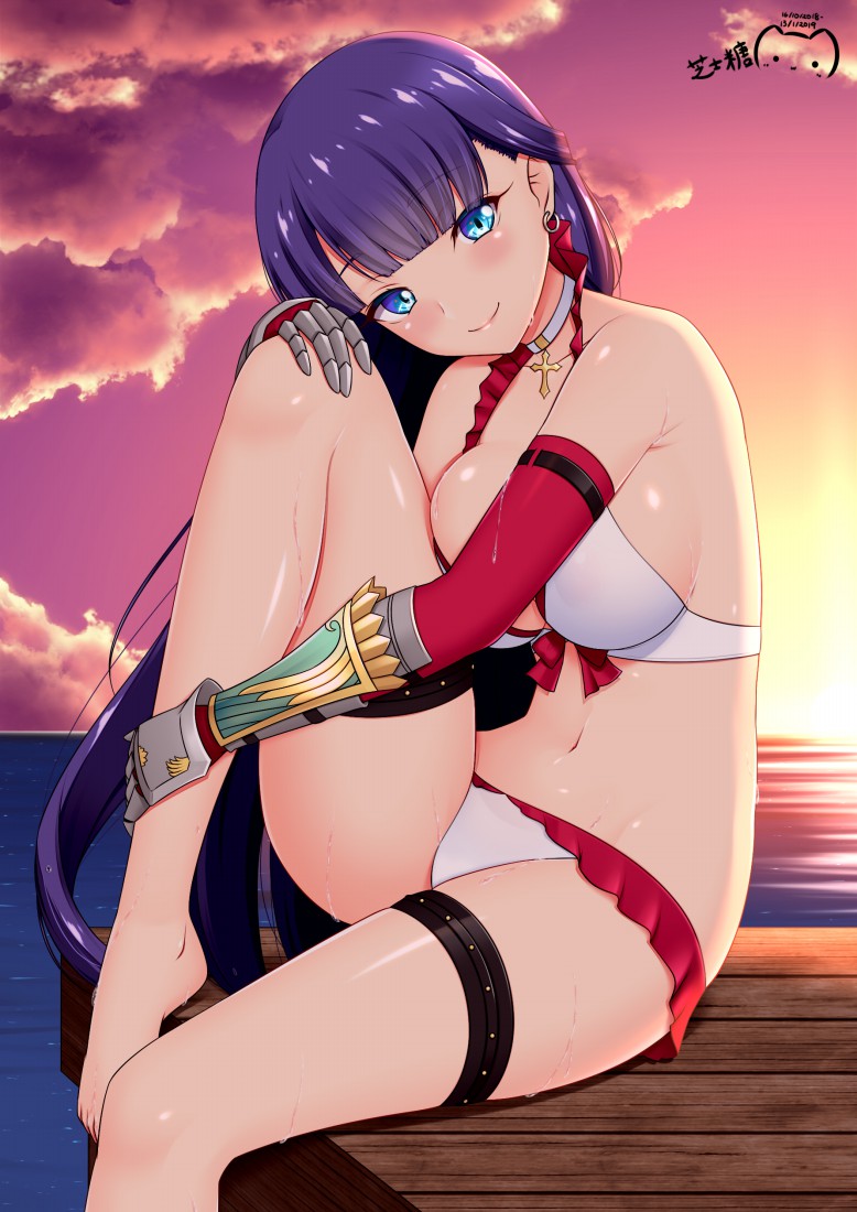 1girl backlighting bangs bare_shoulders barefoot bikini blue_eyes blunt_bangs blush breasts choker closed_mouth collarbone earrings elbow_gloves fate/grand_order fate_(series) feet gauntlets gloves jewelry knee_up large_breasts latin_cross long_hair looking_at_viewer ocean ppshex purple_hair red_gloves saint_martha saint_martha_(swimsuit_ruler)_(fate) sitting smile solo sunset swimsuit thigh_strap thighs