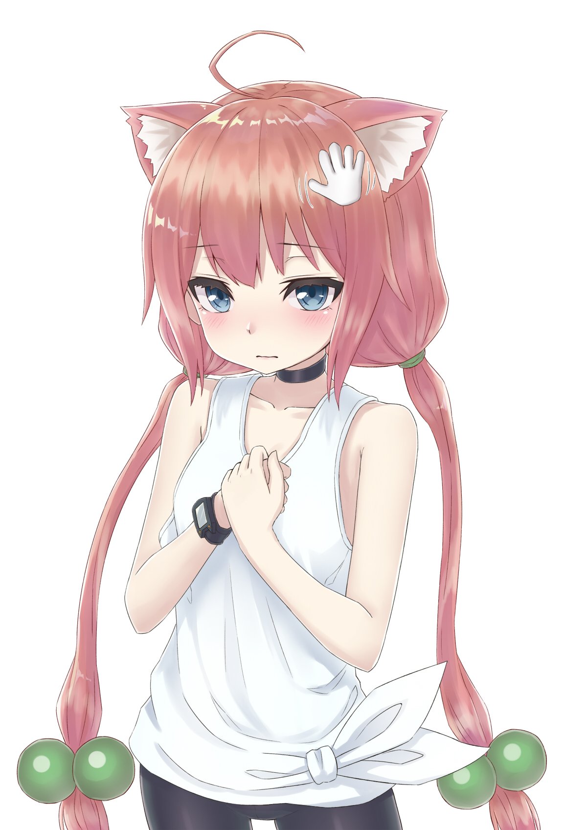 1girl ahoge animal_ears bike_shorts blue_eyes cat_ears choker hair_bobbles hair_ornament hands hands_on_own_chest highres hinata_channel jd_(bibirijd) long_hair nekomiya_hinata petting pink_hair shorts simple_background solo tank_top twintails upper_body watch watch white_background white_tank_top