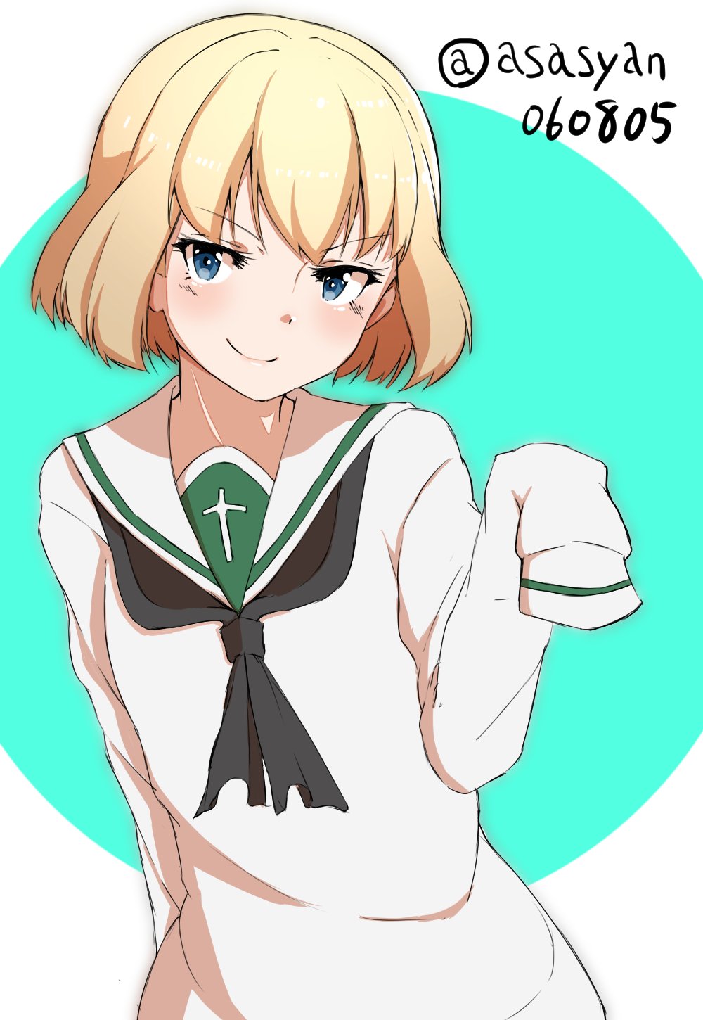 1girl arm_behind_back bangs black_neckwear blonde_hair blouse blue_eyes closed_mouth commentary_request eyebrows_visible_through_hair girls_und_panzer head_tilt highres katyusha light_blush lips long_sleeves looking_at_viewer neckerchief ooarai_school_uniform partial_commentary restart_(asasyan060805) school_uniform serafuku short_hair sleeves_past_wrists smirk solo standing twitter_username upper_body v-shaped_eyebrows white_blouse