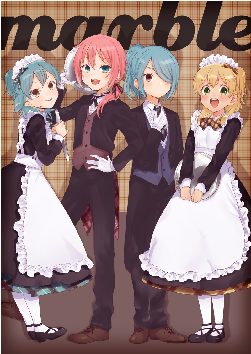 4boys alternate_costume apron blonde_hair blue_eyes blue_hair blush brown_eyes butler crossdressinging dress enmaided green_eyes inazuma_eleven inazuma_eleven_(series) inazuma_eleven_go kariya_masaki kazemaru_ichirouta kirino_ranmaru looking_at_viewer maid maid_headdress male_focus miyasaka_ryou multiple_boys necktie one_side_up otoko_no_ko pink_hair ponytail smile tomo_(sjim)