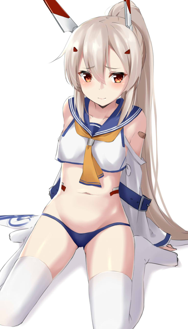 1girl ayanami_(azur_lane) azur_lane bangs bare_shoulders blue_panties blue_sailor_collar blush closed_mouth collarbone commentary_request crop_top eyebrows_visible_through_hair hair_between_eyes headgear high_ponytail highres kohakope light_brown_hair long_hair long_sleeves looking_at_viewer no_shoes panties ponytail red_eyes sailor_collar shirt sidelocks sitting sleeves_past_wrists solo thigh-highs underwear very_long_hair wariza white_background white_legwear white_shirt