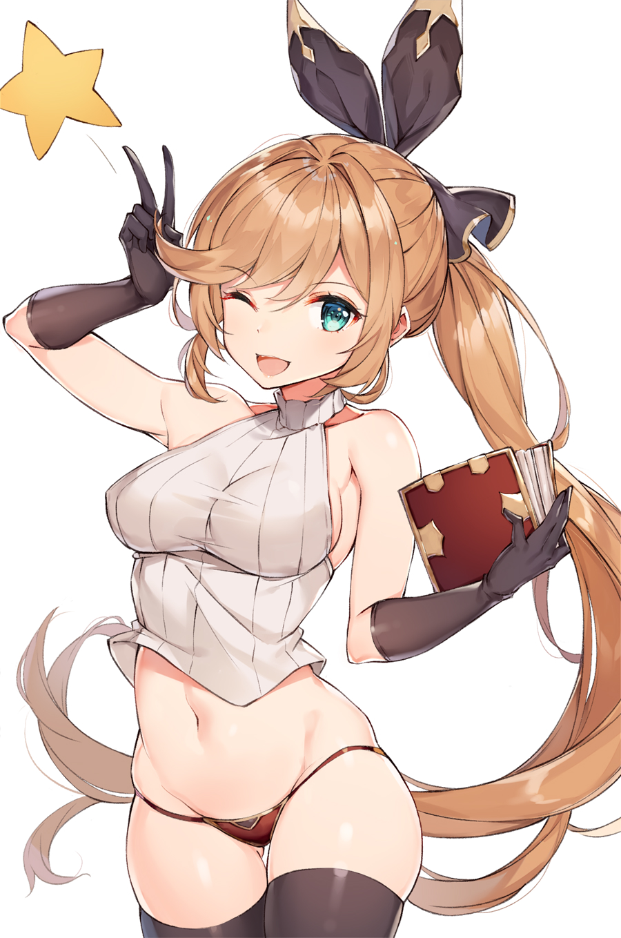 1girl ;d arm_up ass_visible_through_thighs bangs black_gloves black_legwear black_ribbon blush book breasts brown_gloves brown_hair brown_legwear brown_ribbon brown_sweater clarisse_(granblue_fantasy) commentary_request elbow_gloves eyebrows_visible_through_hair gloves granblue_fantasy green_eyes groin hair_between_eyes hair_ribbon highres hip_bones holding holding_book large_breasts long_hair looking_at_viewer navel no_pants one_eye_closed open_mouth panties ponytail red_panties ribbed_sweater ribbon rikoma side_ponytail sideboob simple_background skindentation sleeveless sleeveless_sweater sleeveless_turtleneck smile solo star stomach sweater swept_bangs thigh-highs turtleneck turtleneck_sweater underwear very_long_hair white_background white_sweater