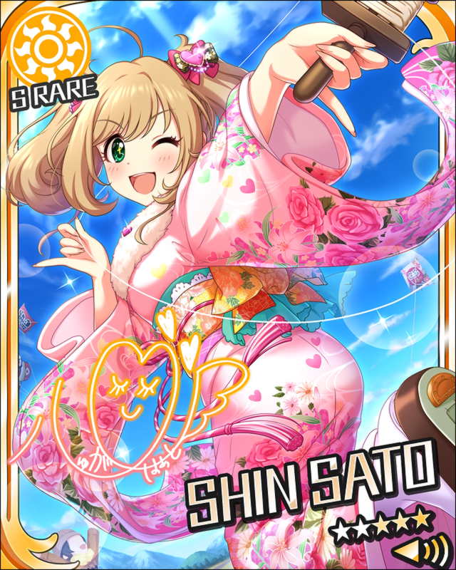 blonde_hair blush character_name green_eyes idolmaster idolmaster_cinderella_girls kimono long_hair satou_shin smile stars twintails wink