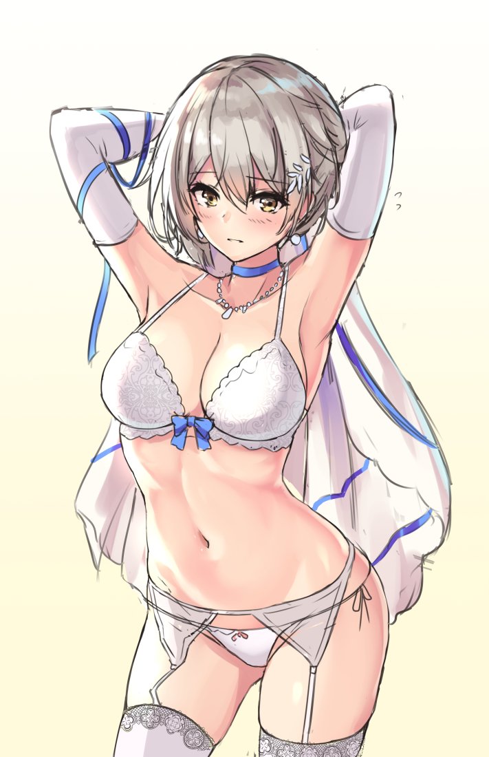 1girl armpits arms_up ass_visible_through_thighs bra breasts bridal_veil brown_hair cenangam choker cleavage contrapposto cowboy_shot earrings elbow_gloves flying_sweatdrops garter_belt girls_frontline gloves jewelry korean_commentary lingerie medium_breasts navel necklace panties parted_lips short_hair simple_background solo thigh-highs underwear underwear_only vector_(girls_frontline) veil white_bra white_gloves white_legwear white_panties work_in_progress