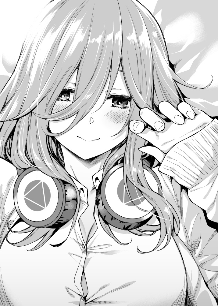 1girl blush breasts cleavage closed_mouth commentary english_commentary go-toubun_no_hanayome greyscale hair_between_eyes headphones headphones_around_neck looking_at_viewer lying medium_hair monochrome mushi024 nakano_miku on_back sidelocks sleeves_past_wrists smile solo upper_body