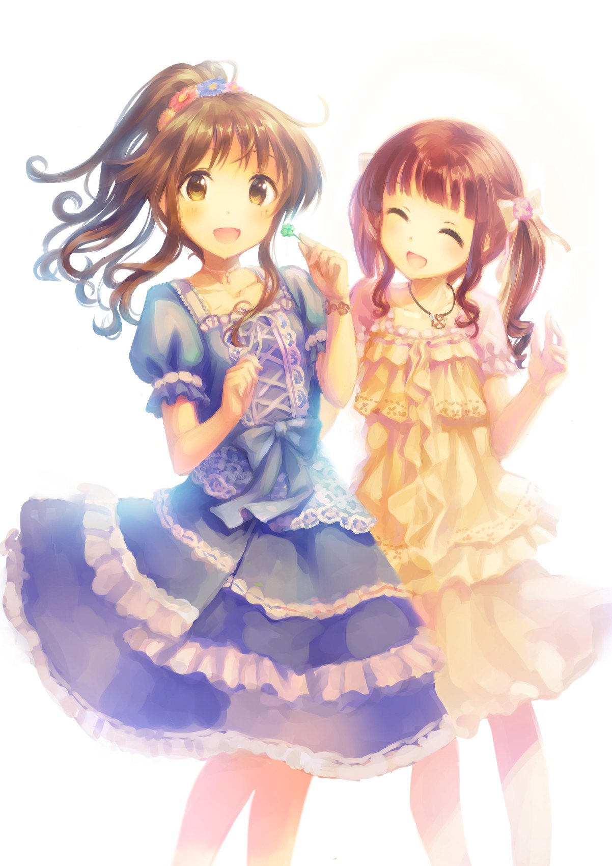 2girls :d blush bow bracelet brown_eyes brown_hair choker closed_eyes clover commentary dress feet_out_of_frame flower four-leaf_clover frilled_dress frills hair_bow hair_flower hair_ornament highres holding_clover idolmaster idolmaster_cinderella_girls jewelry looking_at_viewer multiple_girls necklace ogata_chieri open_mouth ponytail puffy_short_sleeves puffy_sleeves short_sleeves sidelocks simple_background smile takamori_aiko takoyaki_(roast) twintails white_background