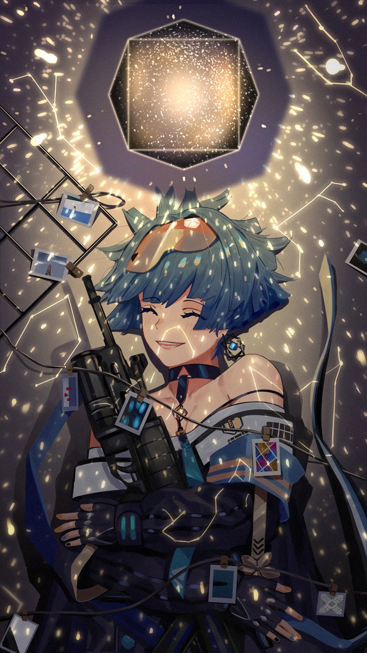 1girl ahoge bangs bare_shoulders blue_hair blush choker closed_eyes collarbone commentary_request dress earrings eyewear_on_head fingerless_gloves girls_frontline gloves goggles goggles_on_head hair_ornament highres holding holding_weapon jewelry open_mouth photo_(object) ribbon short_hair smile solo sparks tsuaaa weapon wire zas_m21_(girls_frontline)