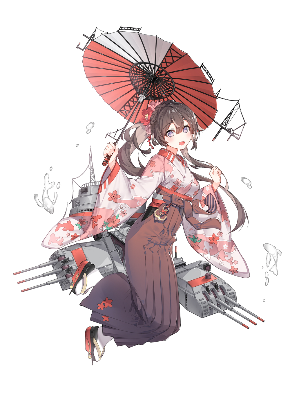 1girl anchor animal_print black_hair cannon commentary_request fish_print floral_print flower hair_flower hair_ornament hakama highres holding holding_umbrella japanese_clothes kimono machinery open_mouth oriental_umbrella pink_flower pink_kimono ponytail red_flower red_hakama ronopu simple_background solo steelblue_mirage tabi turret umbrella violet_eyes white_background wide_sleeves zouri