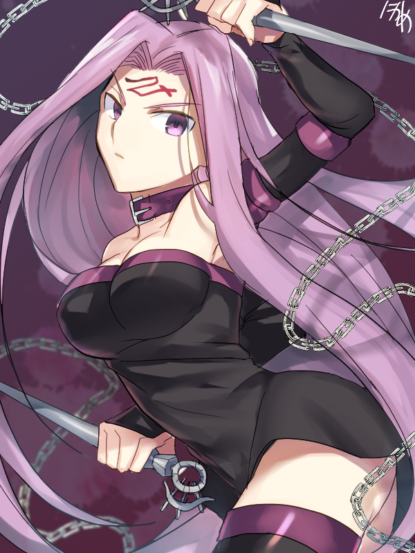 1girl arm_up black_dress black_legwear breasts chains cleavage collar dress facial_mark fate/stay_night fate_(series) floating_hair holding holding_weapon long_hair looking_at_viewer medium_breasts nikame parted_lips pink_hair rider short_dress sleeveless sleeveless_dress solo strapless strapless_dress thigh-highs v-shaped_eyebrows very_long_hair violet_eyes weapon zettai_ryouiki