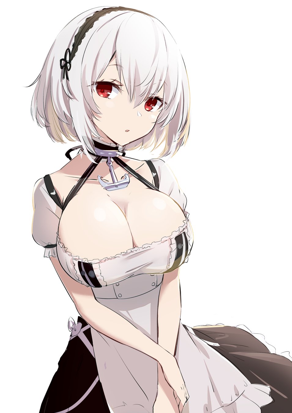 1girl anchor azur_lane bangs breasts choker cleavage eyebrows_visible_through_hair gochou_(atemonai_heya) hair_between_eyes hairband highres lace-trimmed_hairband large_breasts looking_at_viewer maid open_mouth puffy_sleeves red_eyes ribbon short_hair short_sleeves sidelocks simple_background sirius_(azur_lane) solo standing white_background white_hair