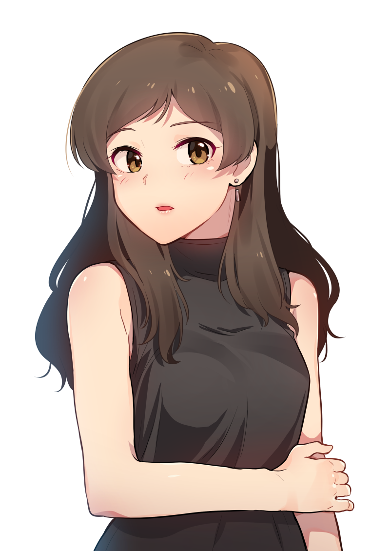1girl bare_arms bare_shoulders black_dress blush breasts brown_eyes brown_hair commentary_request dress earrings eyebrows_visible_through_hair hand_on_own_arm idolmaster idolmaster_million_live! jewelry kamille_(vcx68) kitazawa_shiho long_hair looking_at_viewer medium_breasts parted_lips simple_background sleeveless sleeveless_dress solo upper_body white_background