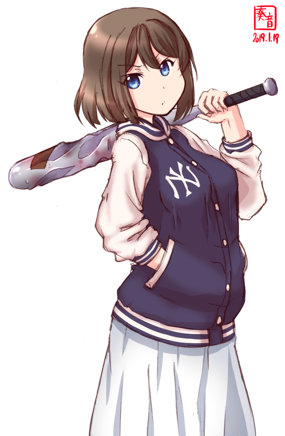 1girl alternate_costume baseball_bat baseball_uniform blue_eyes breasts brown_hair closed_mouth eyebrows_visible_through_hair hair_between_eyes hair_ornament hairclip highres kanon_(kurogane_knights) kantai_collection large_breasts long_skirt maya_(kantai_collection) short_hair simple_background skirt solo sportswear white_background yankee