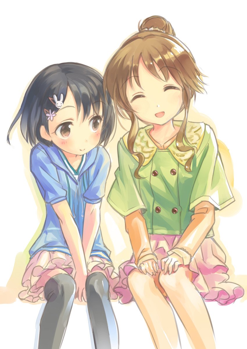 2girls between_legs black_eyes black_hair blush brown_hair bunny_hair_ornament commentary_request eyebrows_visible_through_hair feet_out_of_frame flower hair_bun hair_flower hair_ornament hairclip hand_between_legs hands_on_lap highres idolmaster idolmaster_cinderella_girls jacket long_hair looking_at_another multiple_girls open_mouth sasaki_chie short_hair short_sleeves simple_background sitting sketch skirt smile takamori_aiko takoyaki_(roast) thigh-highs track_jacket v_arms white_background