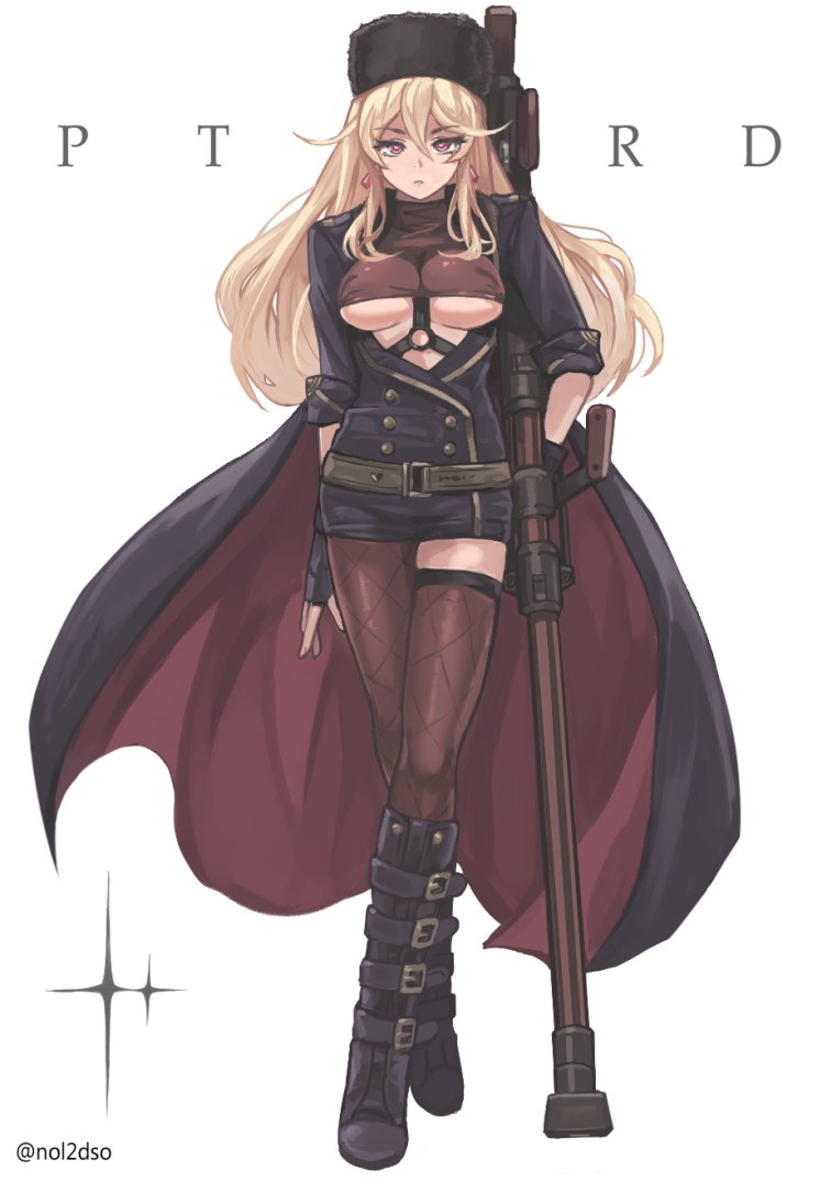 1girl anti-materiel_rifle belt black_footwear black_hat black_jacket black_legwear blonde_hair breasts character_name commentary_request earrings fingerless_gloves full_body fur_hat girls_frontline gloves gun hat jacket jewelry large_breasts long_hair looking_at_viewer nol2dso open_clothes open_jacket pink_eyes ptrd-41 ptrd-41_(girls_frontline) rifle sniper_rifle solo strap thigh-highs ushanka weapon