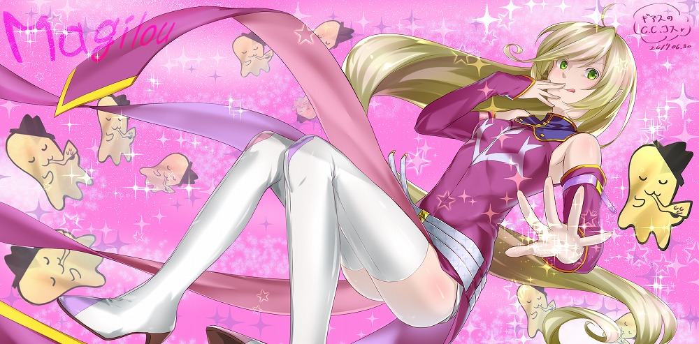 1girl 2017 blonde_hair boots breasts c.c. c.c._(cosplay) character_name cheese-kun cosplay dated detached_sleeves eyebrows_visible_through_hair floating_hair green_eyes kurose_nao long_hair long_sleeves looking_at_viewer magilou_(tales) pink_background purple_sleeves shiny shiny_skin small_breasts solo sparkle tales_of_(series) tales_of_berseria thigh-highs thigh_boots tongue tongue_out very_long_hair white_footwear