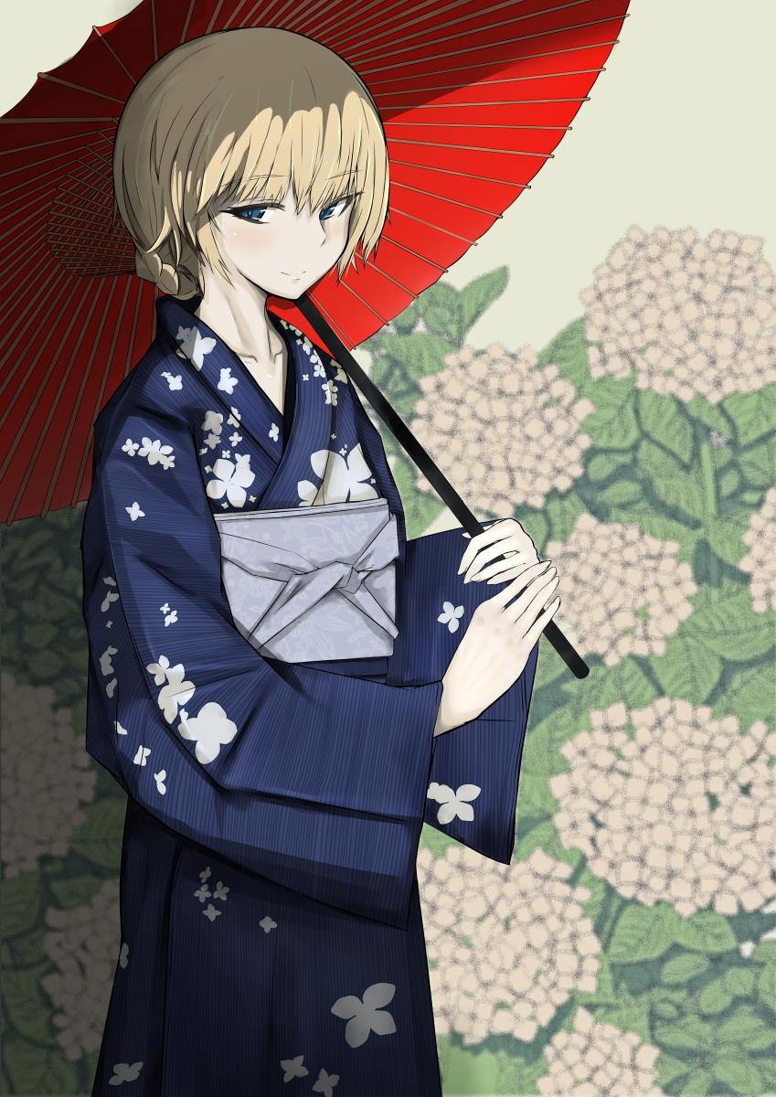 1girl alternate_costume bangs blonde_hair blue_eyes blue_kimono blurry blurry_background braid closed_mouth commentary cowboy_shot darjeeling day eyebrows_visible_through_hair floral_print girls_und_panzer half-closed_eyes highres holding holding_umbrella japanese_clothes kimono lips long_sleeves looking_at_viewer ngc20701 obi oriental_umbrella print_kimono sash short_hair smile solo standing tied_hair umbrella wide_sleeves