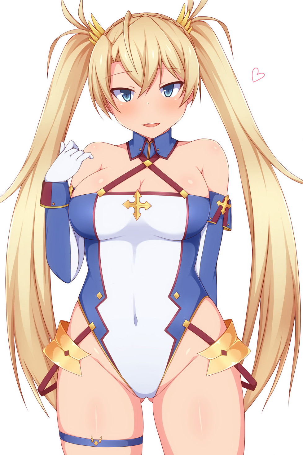 bare_shoulders blonde_hair blue_eyes blue_leotard bradamante_(fate/grand_order) braid breasts covered_navel cowboy_shot elbow_gloves fate/grand_order fate_(series) french_braid gloves highleg highleg_leotard highres leotard long_hair looking_at_viewer medium_breasts multicolored multicolored_clothes multicolored_leotard simple_background twintails very_long_hair white_background white_gloves white_leotard zack_(haiuinndo)